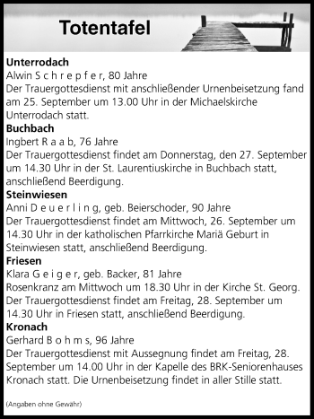 Anzeige von Totentafel vom 26.09.2018 von MGO