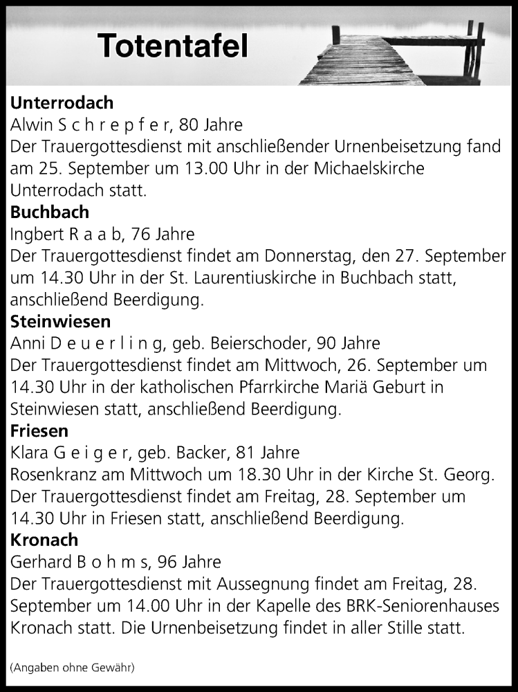  Traueranzeige für Totentafel vom 26.09.2018 vom 26.09.2018 aus MGO