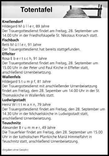 Anzeige von Totentafel vom 28.09.2018 von MGO