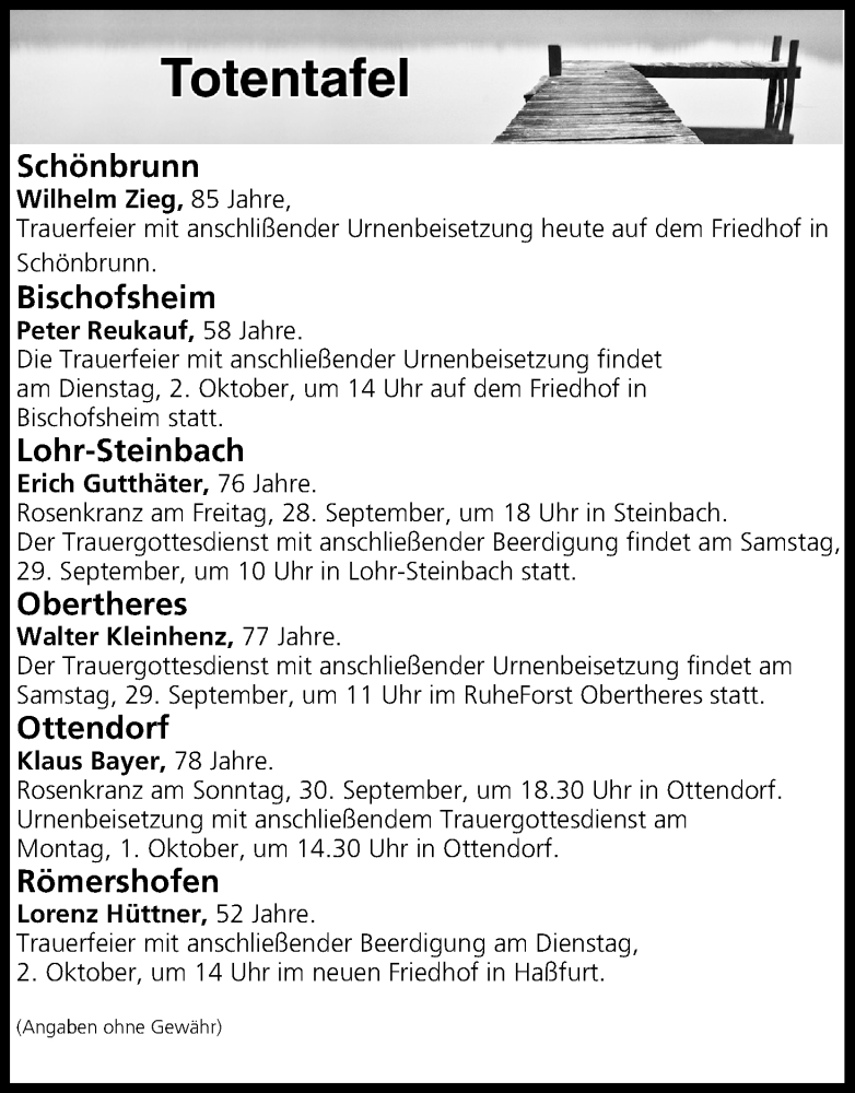  Traueranzeige für Totentafel vom 28.09.2018 vom 28.09.2018 aus MGO