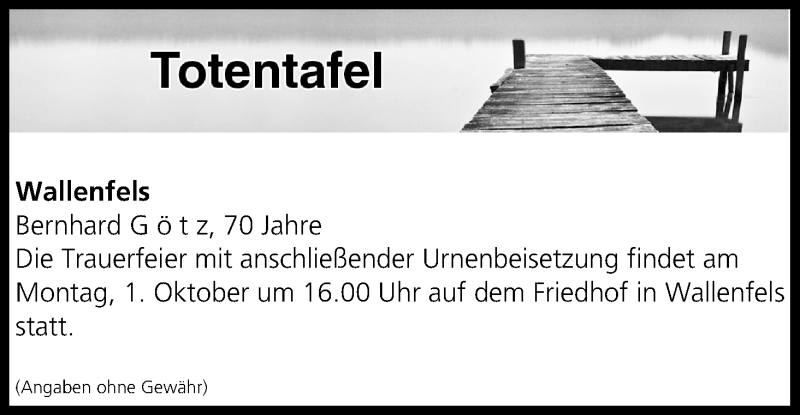  Traueranzeige für Totentafel vom 29.09.2018 vom 29.09.2018 aus MGO
