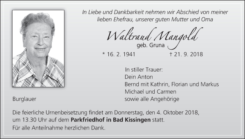  Traueranzeige für Waltraud Mangold vom 29.09.2018 aus MGO