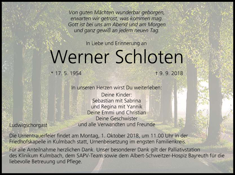  Traueranzeige für Werner Schloten vom 29.09.2018 aus MGO