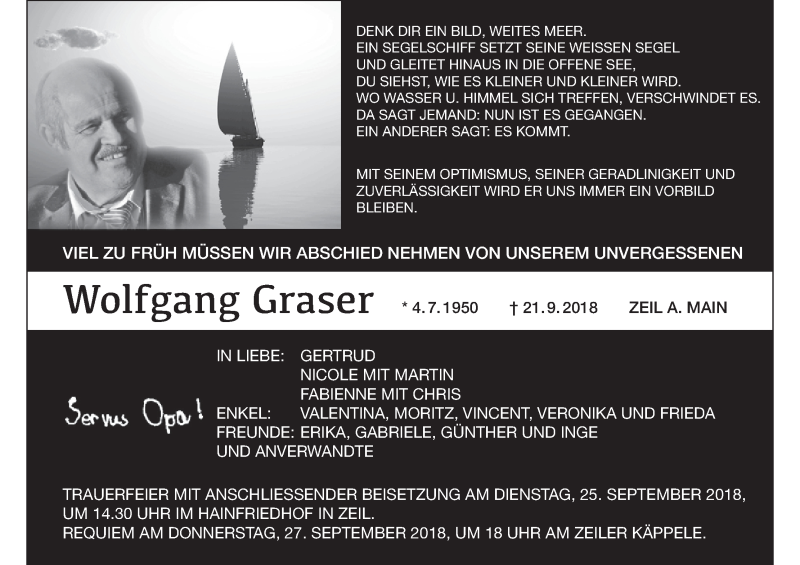  Traueranzeige für Wolfgang Graser vom 24.09.2018 aus MGO