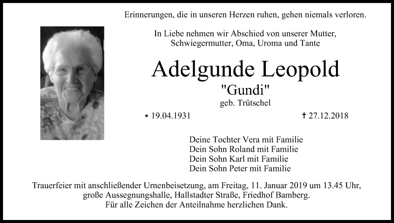  Traueranzeige für Adelgunde Leopold vom 09.01.2019 aus MGO