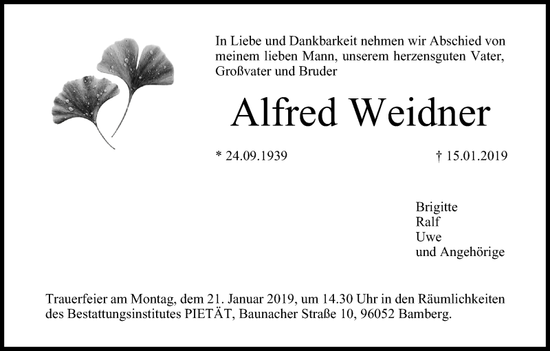  Traueranzeige für Alfred Weidner vom 19.01.2019 aus MGO
