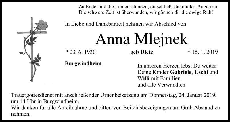  Traueranzeige für Anna Mlejnek vom 19.01.2019 aus MGO