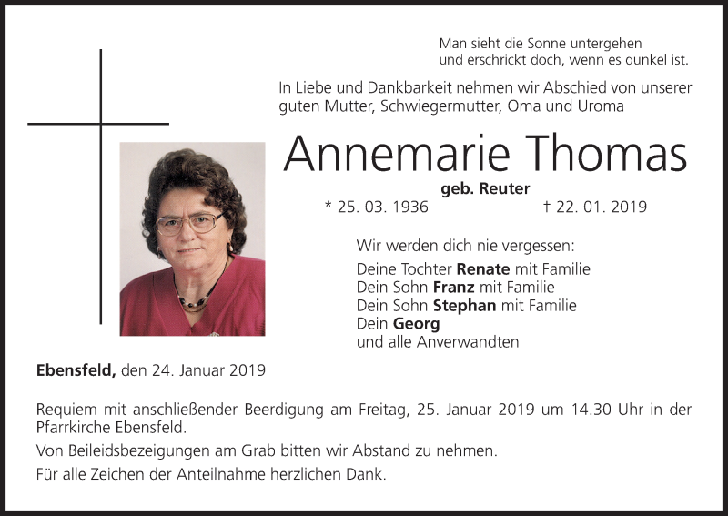  Traueranzeige für Annemarie Thomas vom 24.01.2019 aus MGO