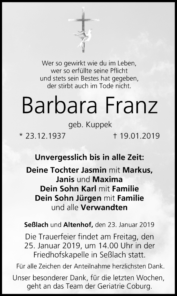  Traueranzeige für Barbara Franz vom 23.01.2019 aus MGO