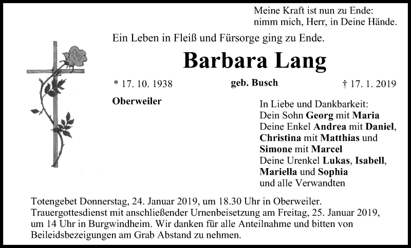  Traueranzeige für Barbara Lang vom 23.01.2019 aus MGO