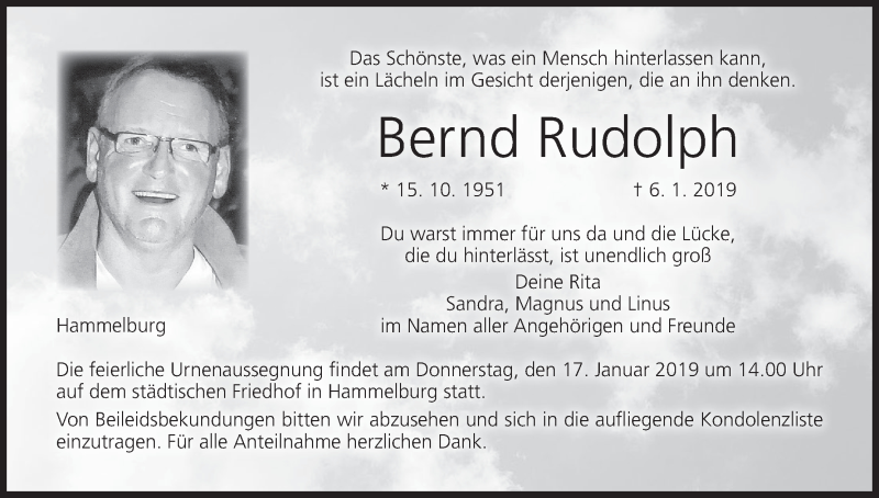  Traueranzeige für Bernd Rudolph vom 12.01.2019 aus MGO