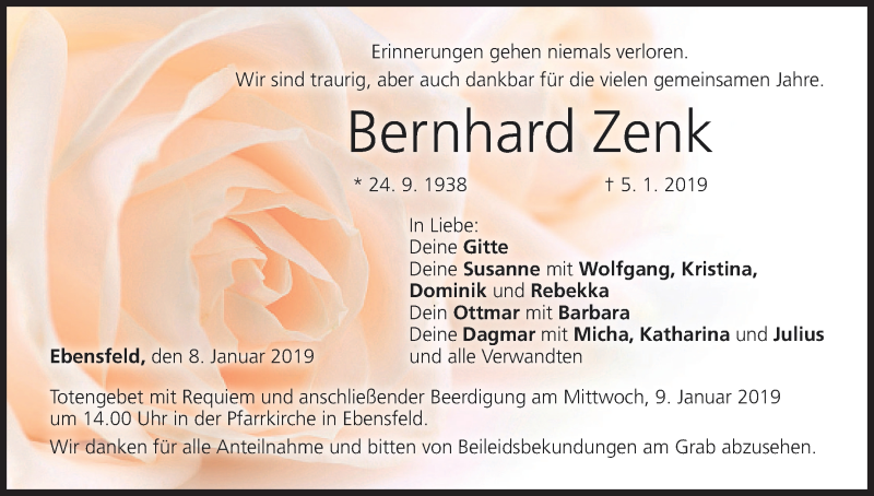  Traueranzeige für Bernhard Zenk vom 08.01.2019 aus MGO