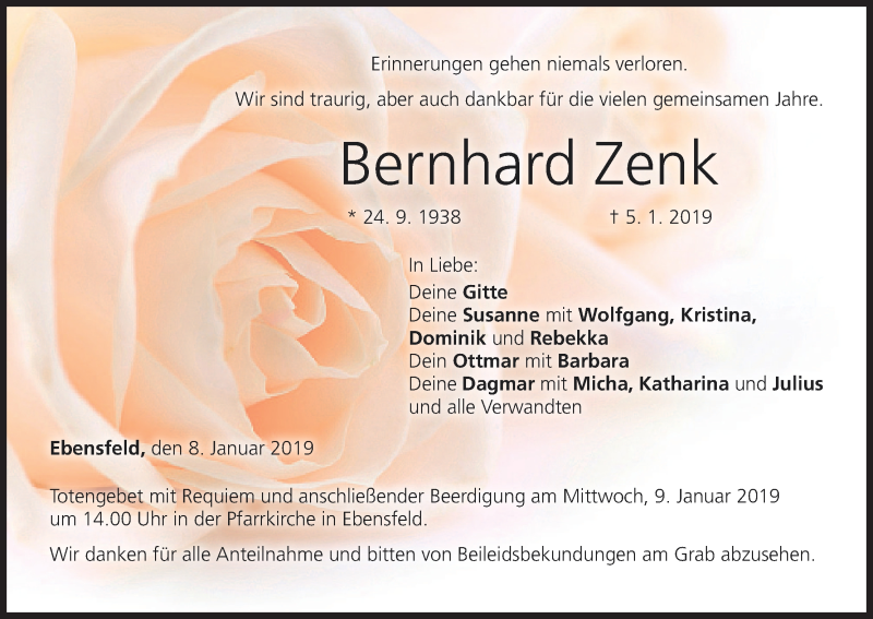 Traueranzeige für Bernhard Zenk vom 08.01.2019 aus MGO