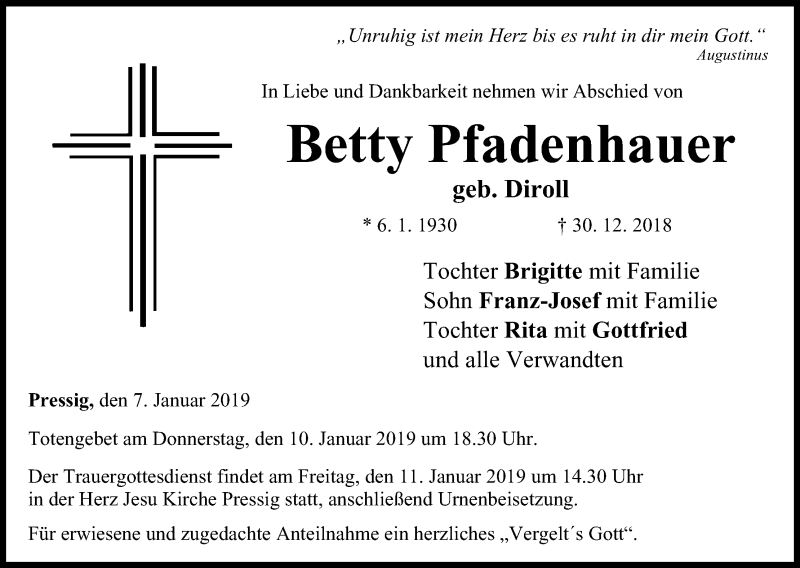  Traueranzeige für Betty Pfadenhauer vom 07.01.2019 aus MGO