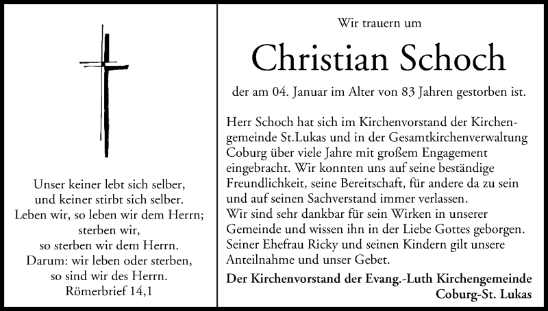  Traueranzeige für Christian Schoch vom 12.01.2019 aus MGO