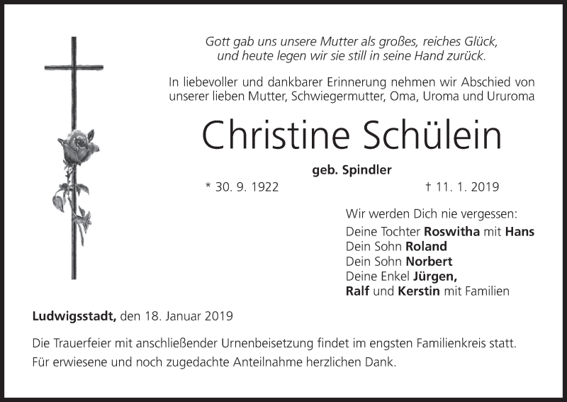  Traueranzeige für Christine Schülein vom 18.01.2019 aus MGO