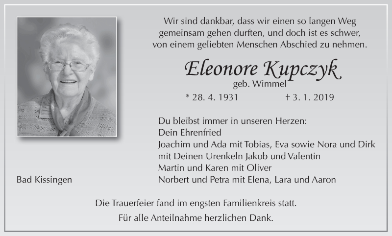  Traueranzeige für Eleonore Kupczyk vom 12.01.2019 aus MGO