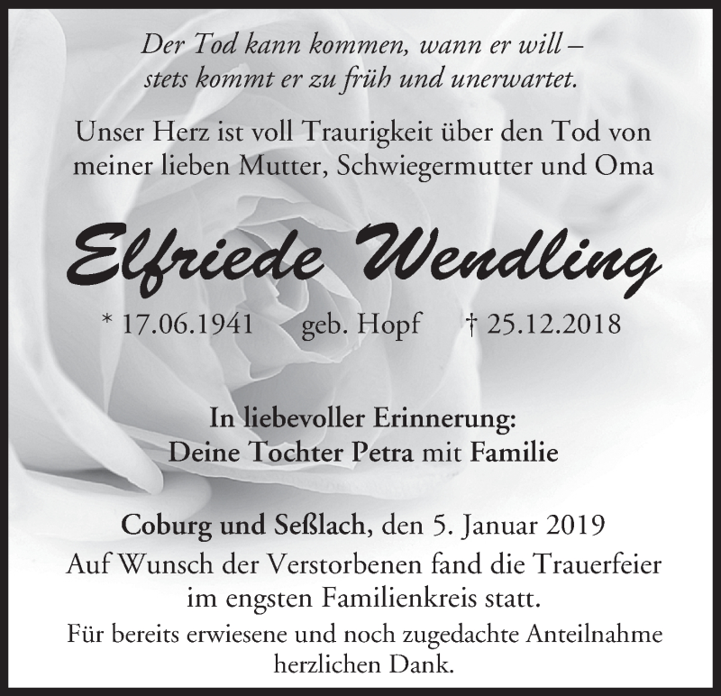  Traueranzeige für Elfriede Wendling vom 05.01.2019 aus MGO