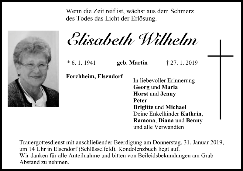  Traueranzeige für Elisabeth Wilhelm vom 29.01.2019 aus MGO