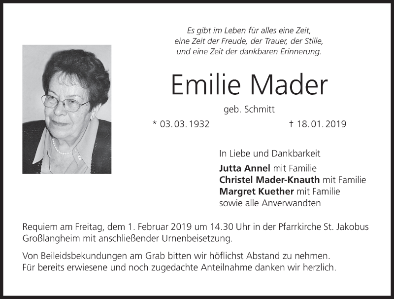  Traueranzeige für Emilie Mader vom 26.01.2019 aus MGO
