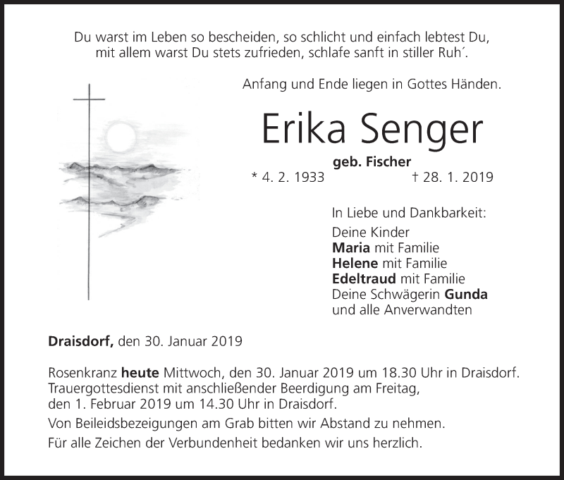  Traueranzeige für Erika Senger vom 30.01.2019 aus MGO