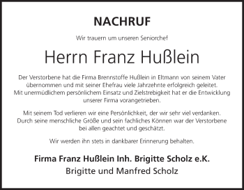 Anzeige von Franz Hußlein von MGO