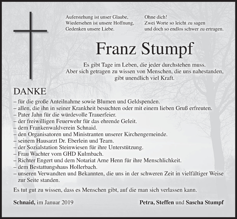  Traueranzeige für Franz Stumpf vom 19.01.2019 aus MGO