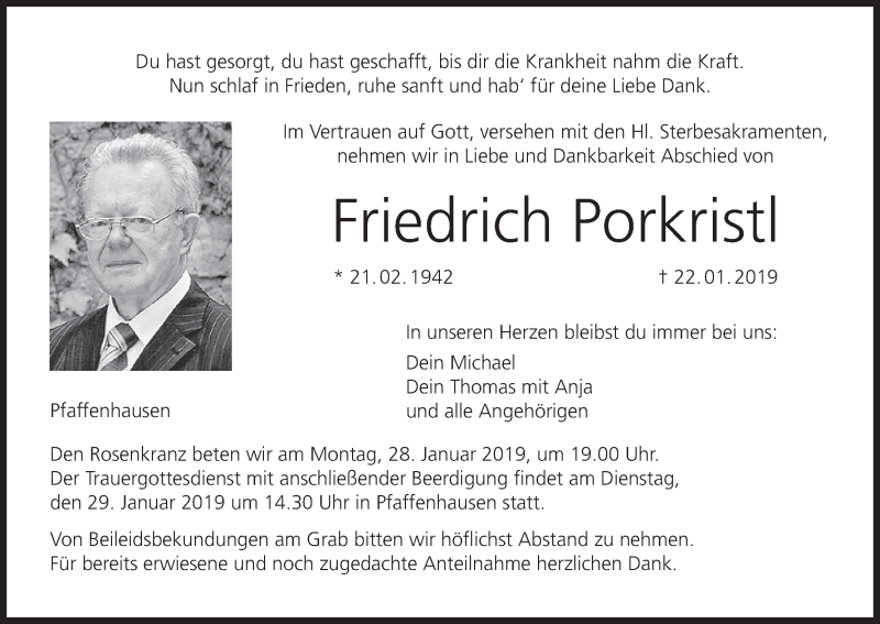  Traueranzeige für Friedrich Porkristl vom 25.01.2019 aus MGO