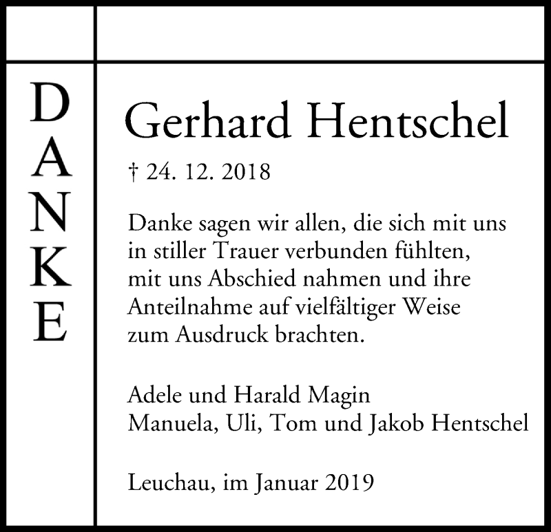  Traueranzeige für Gerhard Hentschel vom 12.01.2019 aus MGO