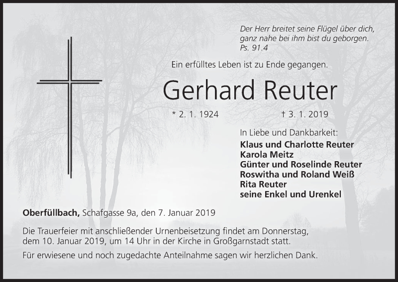  Traueranzeige für Gerhard Reuter vom 07.01.2019 aus MGO