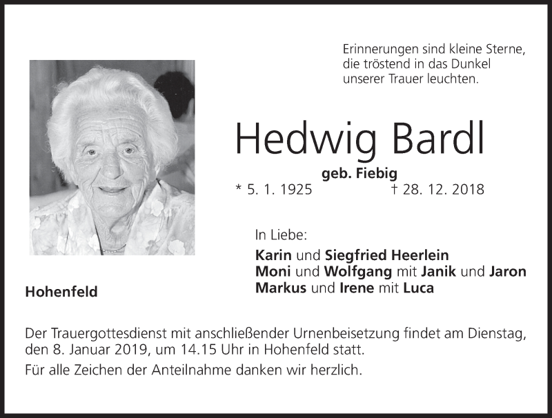  Traueranzeige für Hedwig Bardl vom 05.01.2019 aus MGO