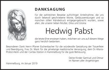 Anzeige von Hedwig Pabst von MGO