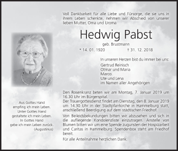 Anzeige von Hedwig Pabst von MGO
