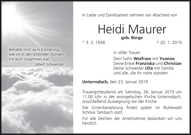  Traueranzeige für Heidi Maurer vom 23.01.2019 aus MGO