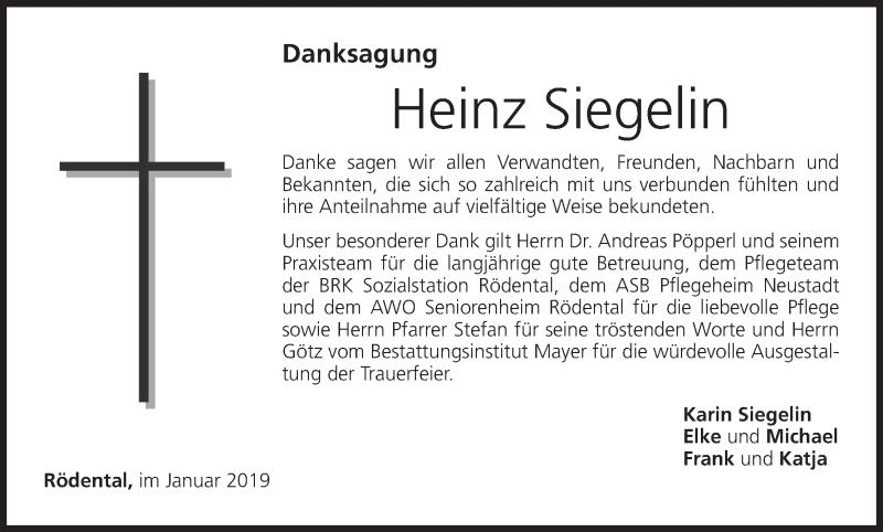  Traueranzeige für Heinz Siegelin vom 12.01.2019 aus MGO