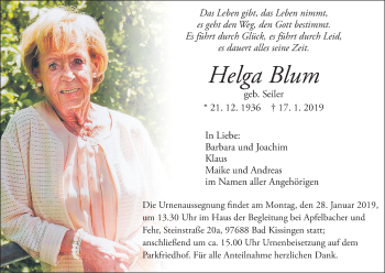 Anzeige von Helga Blum von MGO