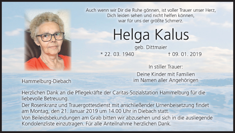  Traueranzeige für Helga Kalus vom 16.01.2019 aus MGO