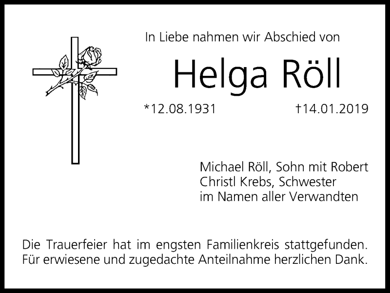  Traueranzeige für Helga Röll vom 23.01.2019 aus MGO