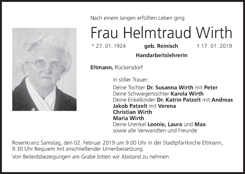  Traueranzeige für Helmtraud Wirth vom 30.01.2019 aus MGO