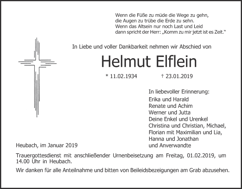  Traueranzeige für Helmut Elflein vom 30.01.2019 aus MGO