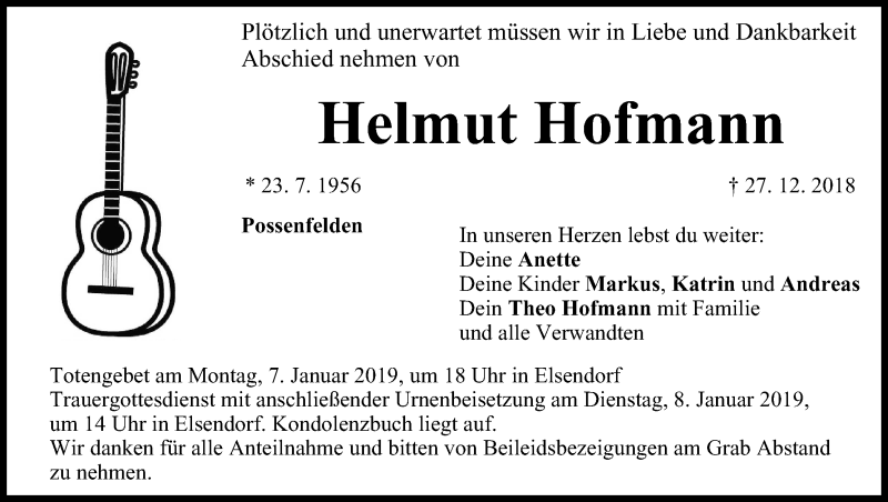  Traueranzeige für Helmut Hofmann vom 05.01.2019 aus MGO