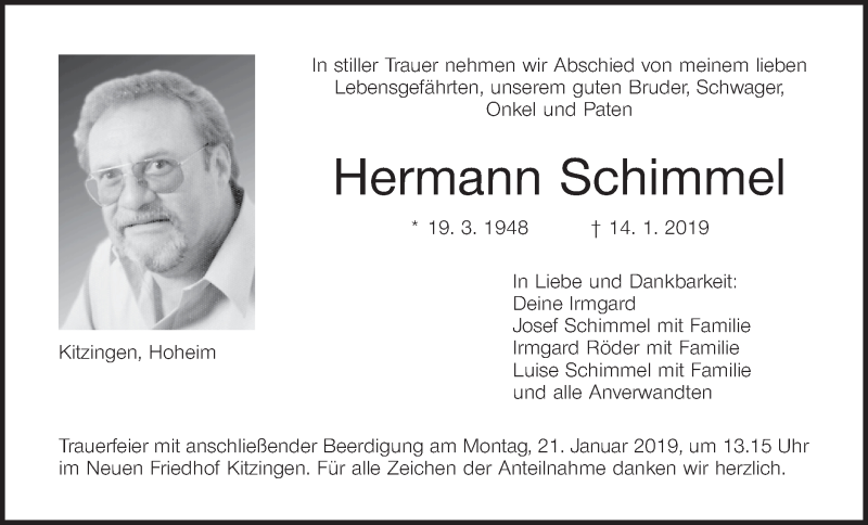  Traueranzeige für Hermann Schimmel vom 19.01.2019 aus MGO