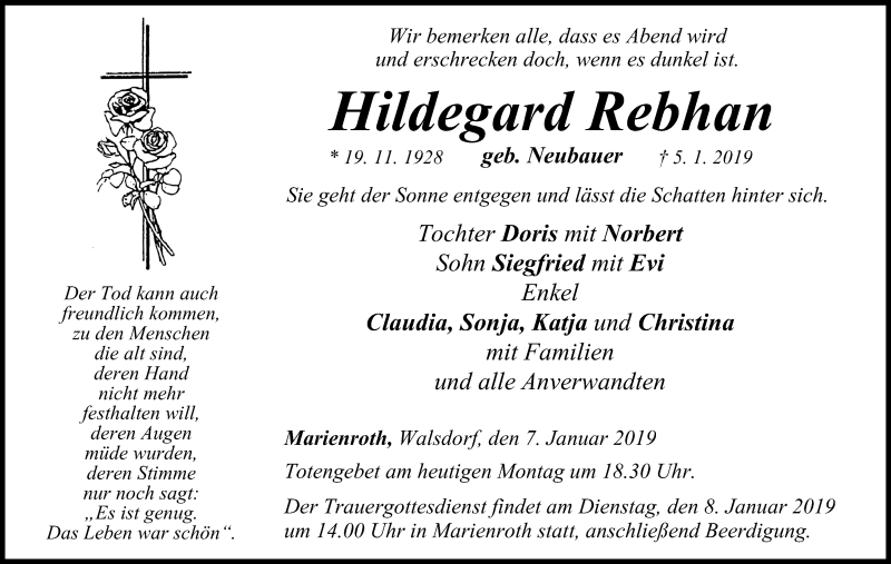  Traueranzeige für Hildegard Rebhan vom 07.01.2019 aus MGO
