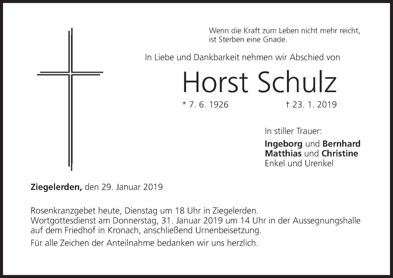  Traueranzeige für Horst Schulz vom 29.01.2019 aus MGO