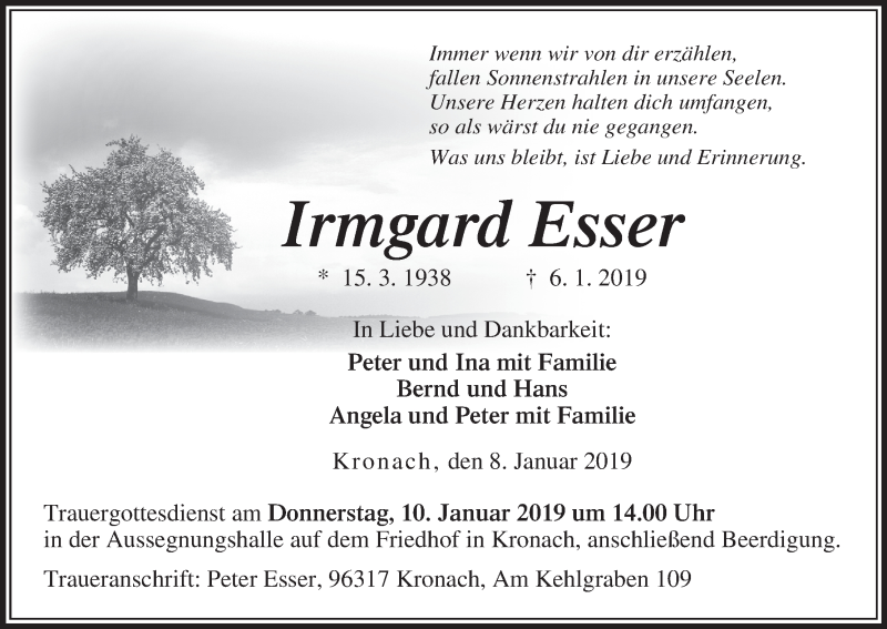  Traueranzeige für Irmgard Esser vom 08.01.2019 aus MGO