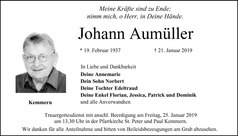  Traueranzeige für Johann Aumüller vom 23.01.2019 aus MGO