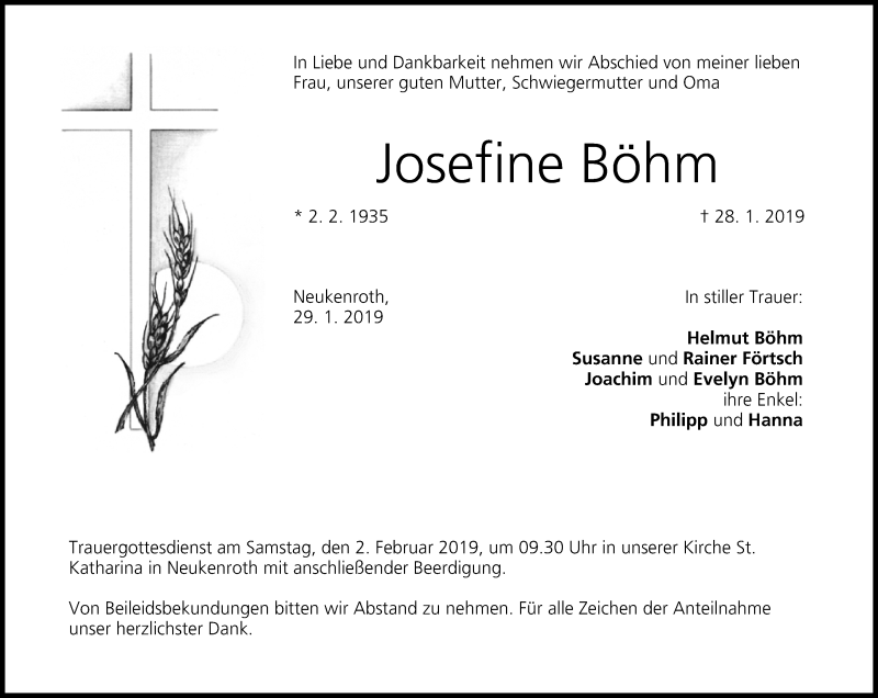  Traueranzeige für Josefine Böhm vom 30.01.2019 aus MGO