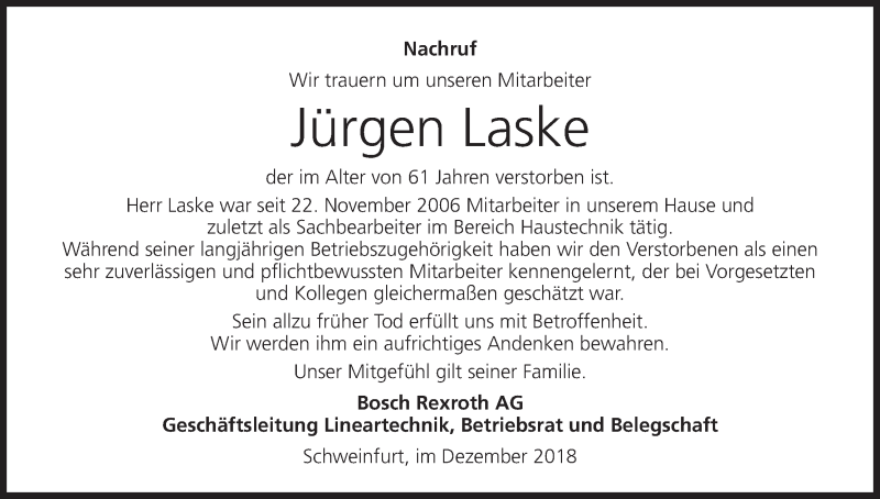  Traueranzeige für Jürgen Laske vom 11.01.2019 aus MGO