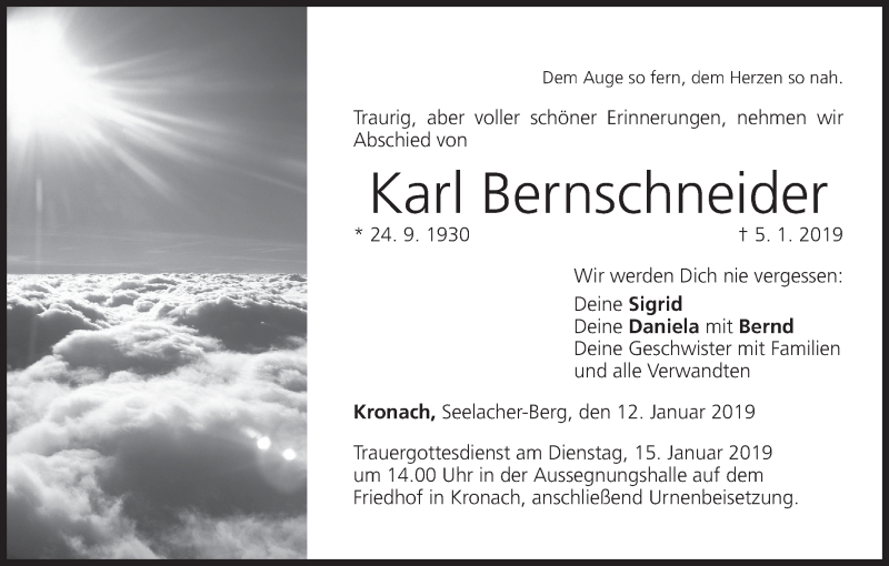  Traueranzeige für Karl Bernschneider vom 12.01.2019 aus MGO