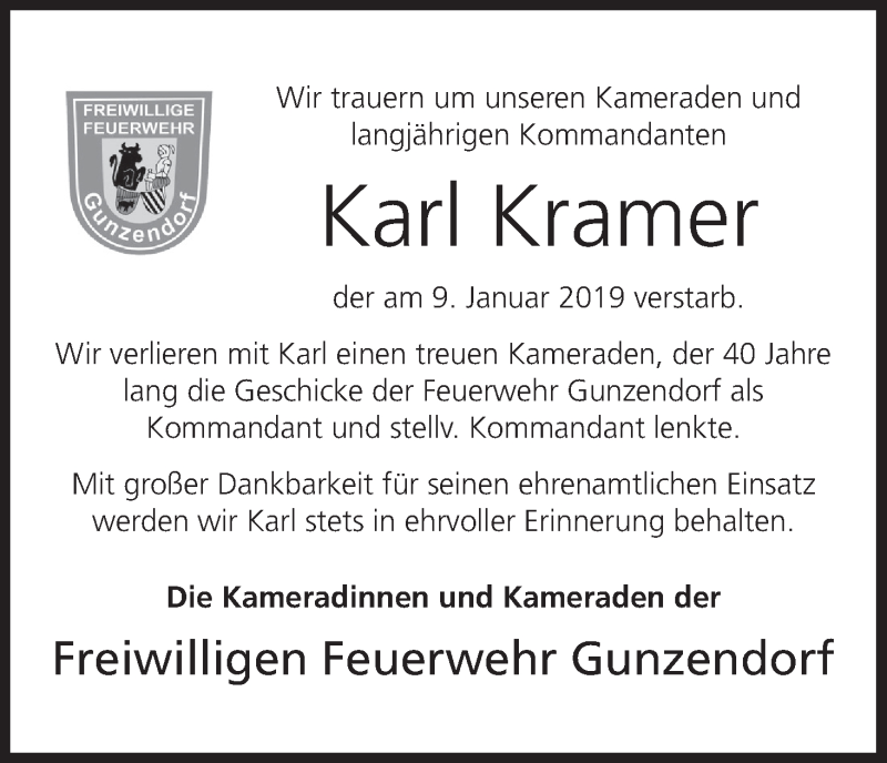  Traueranzeige für Karl Kramer vom 15.01.2019 aus MGO
